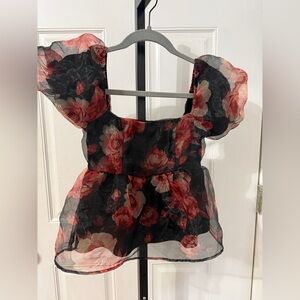 Romantic Fairy Black Pink and Red Floral Crop Babydoll Top